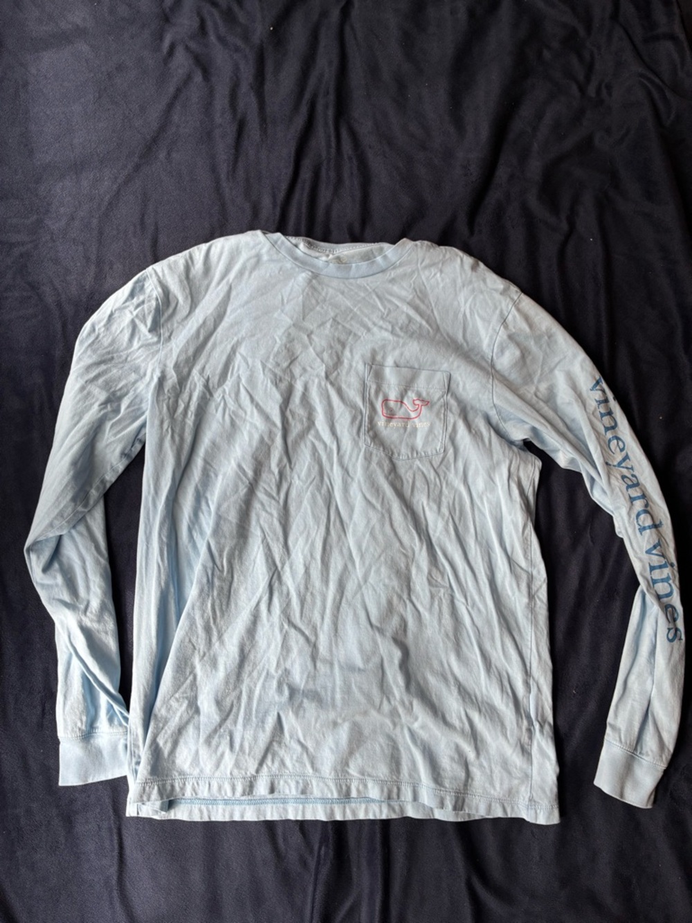 Vineyard Vines Pale Blue Long Sleeve Pocket Tee with Sleeve Script